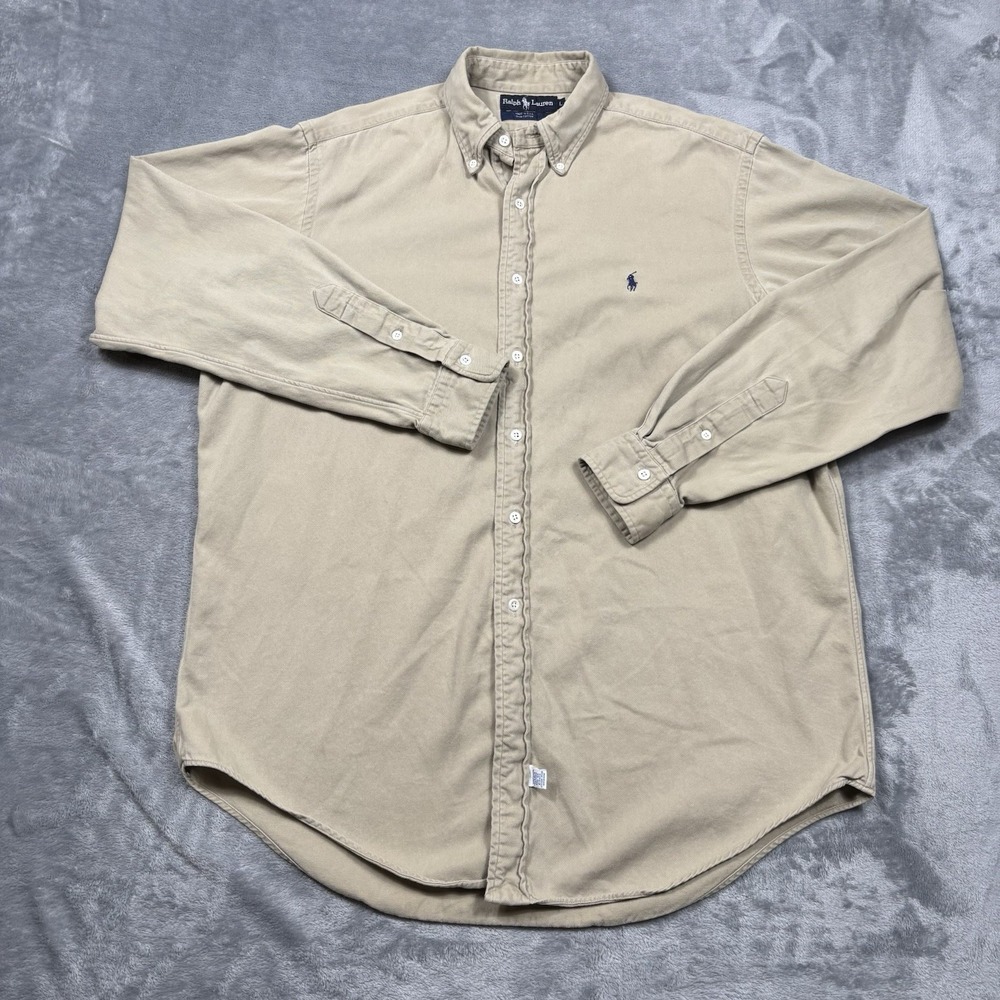 Vintage Polo Ralph Lauren Men's Large Tan Khaki Button Down Shirt Made In USA